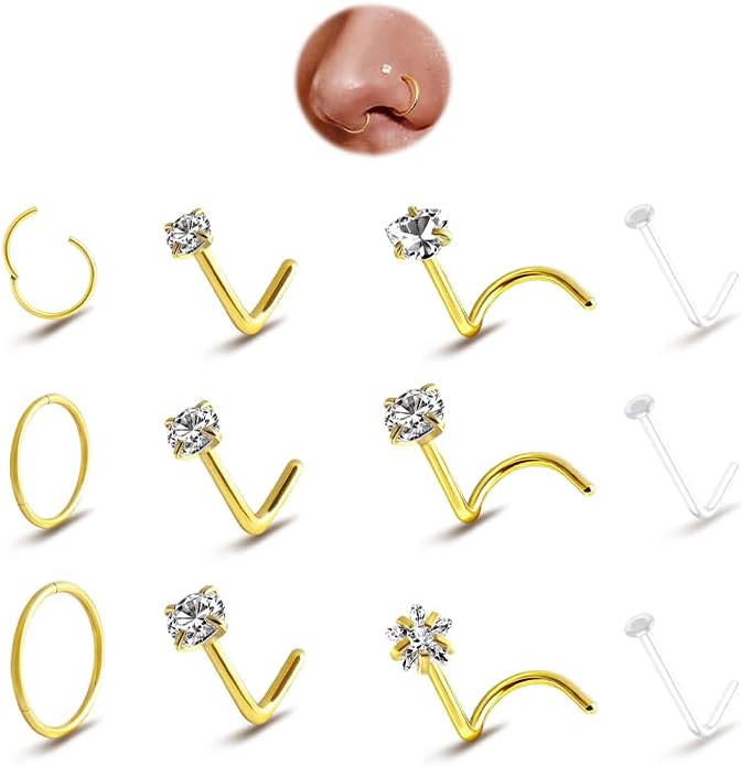 Styleeary Store خواتم أنف من الفضة المضادة للحساسية / ذهب عيار 14 مملوء 18G حلقات أنف 8mm 10mm 12mm مجموعة خواتم أنف: 12 قطعة من الفولاذ المقاوم للصدأ الجراحي 316L، دبابيس أنف 20G، CZ، نجمة، قلب، دبابيس أنف، مجوهرات ثقب أنف على شكل L للنساء والرجال - Image 1